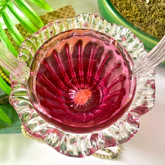 Mid-Century Modern Hand Blown Lead Crystal Cranberry Basket - Picture 5 of 11